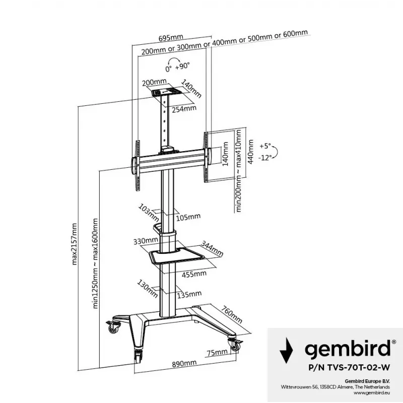 Supporto TV a pavimento 37-70/WEISS TVS-70T-02-W Gembird