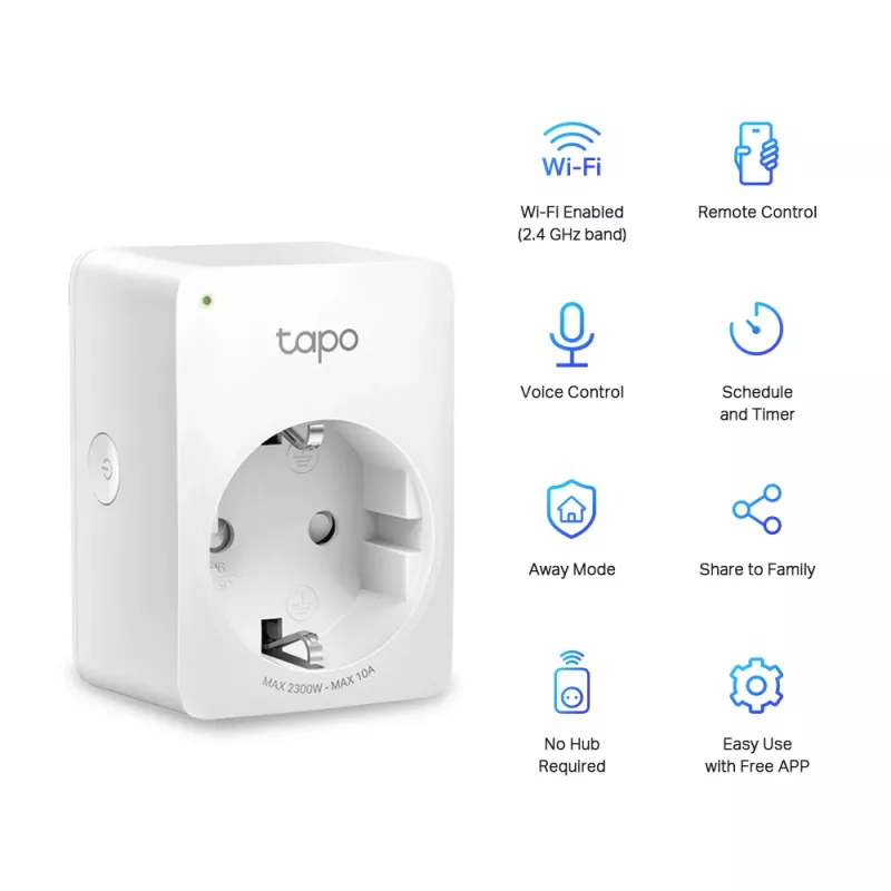 TP-Link Tapo presa smart Wi-Fi mini, interno, bianco, casa, policarbonato (PC), stato, CE, RoHS