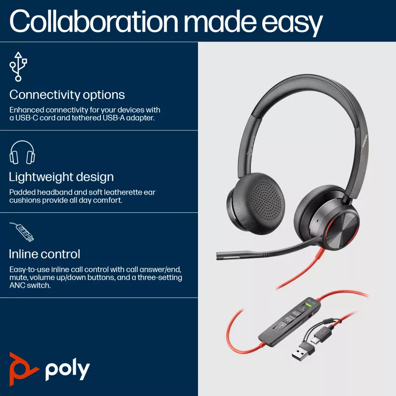 HP Poly Blackwire 8225 Headset stereo USB-C + adattatore USB-C/A