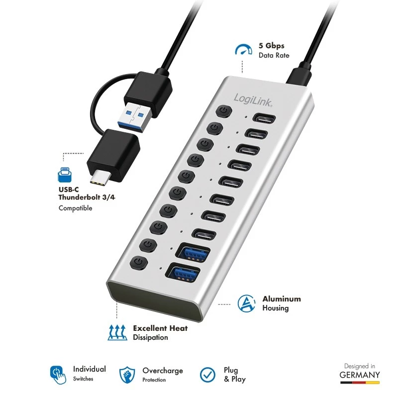 Hub USB3.2 Gen1 10 porte USB-A/C, interruttore on/off