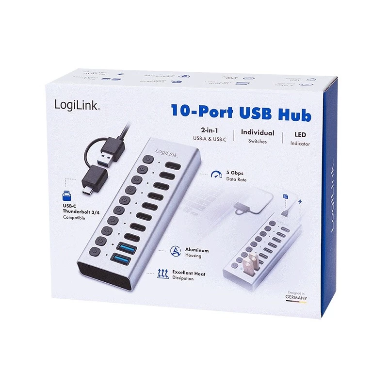 Hub USB3.2 Gen1 10 porte USB-A/C, interruttore on/off