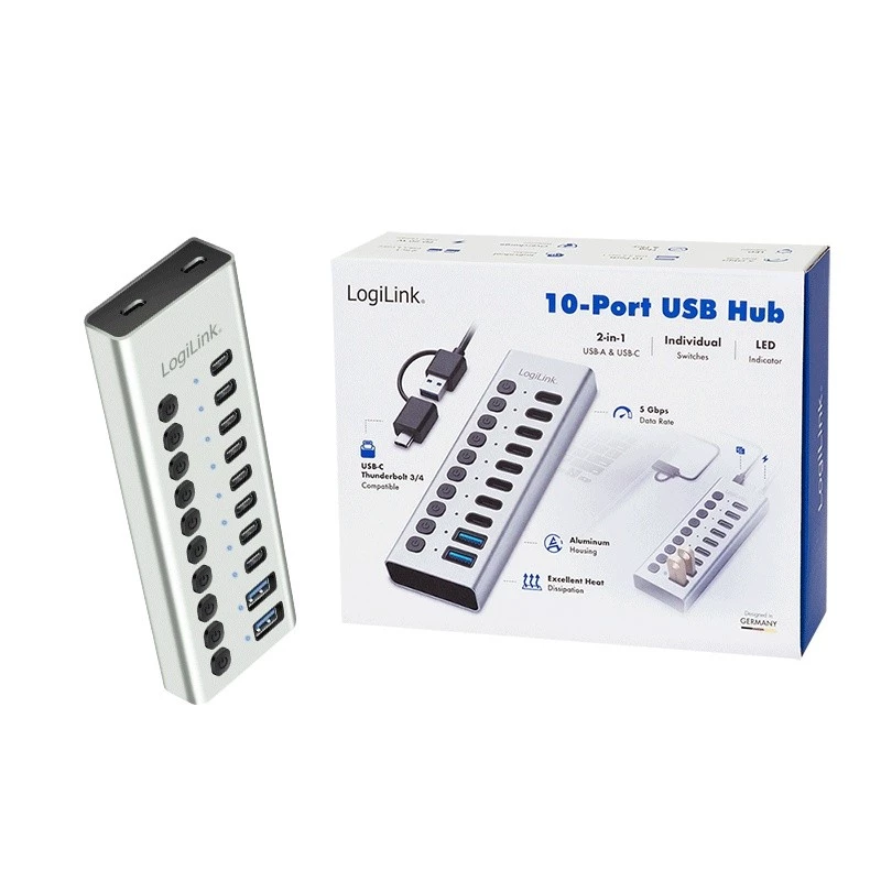Hub USB3.2 Gen1 10 porte USB-A/C, interruttore on/off