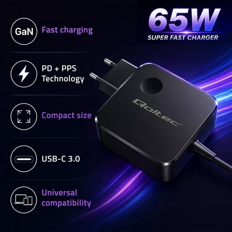Caricabatterie GaN 65W USB C PD PPS 5V 21V 3A 3.25A