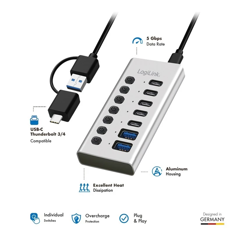 Hub USB 3.2 Gen1 7 porte USB-A/C, interruttore on/off