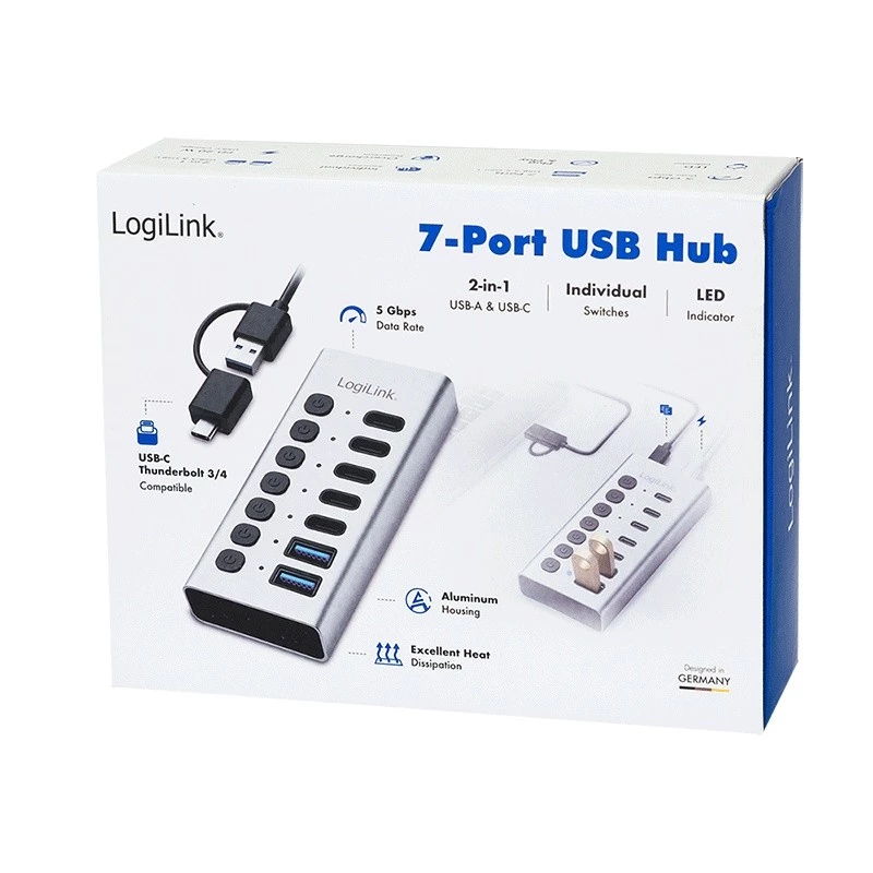 Hub USB 3.2 Gen1 7 porte USB-A/C, interruttore on/off