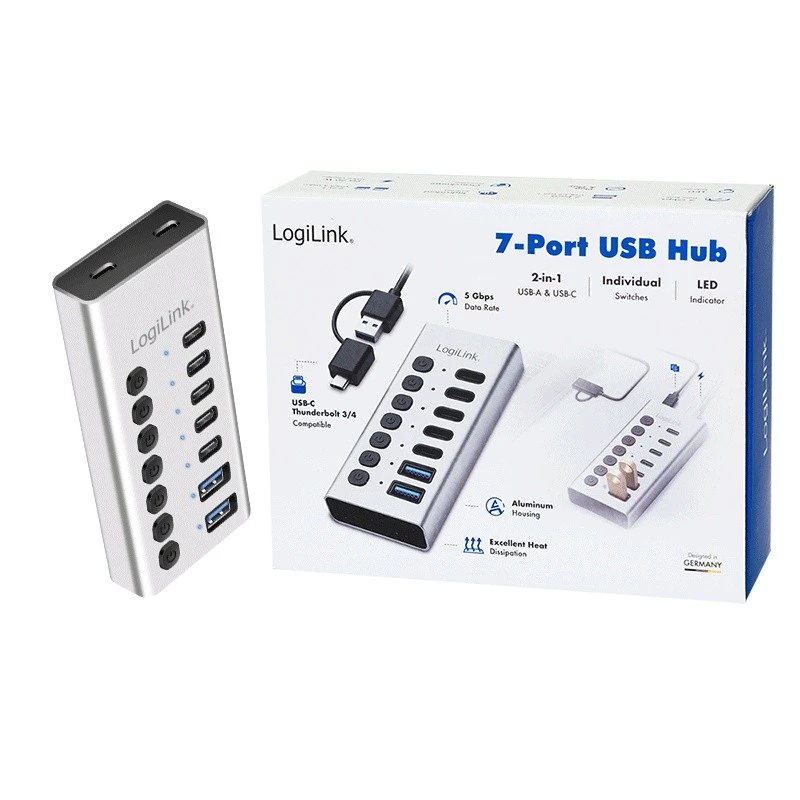 Hub USB 3.2 Gen1 7 porte USB-A/C, interruttore on/off