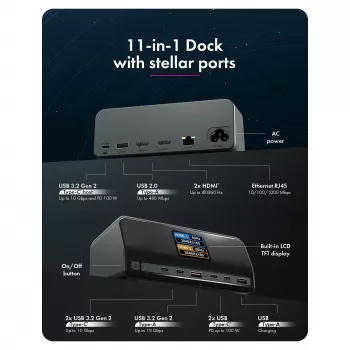 Docking station 11-in-1 con porte di ricarica Power Delivery e grande display LCD, con adattatore di ricarica GaN 160 W