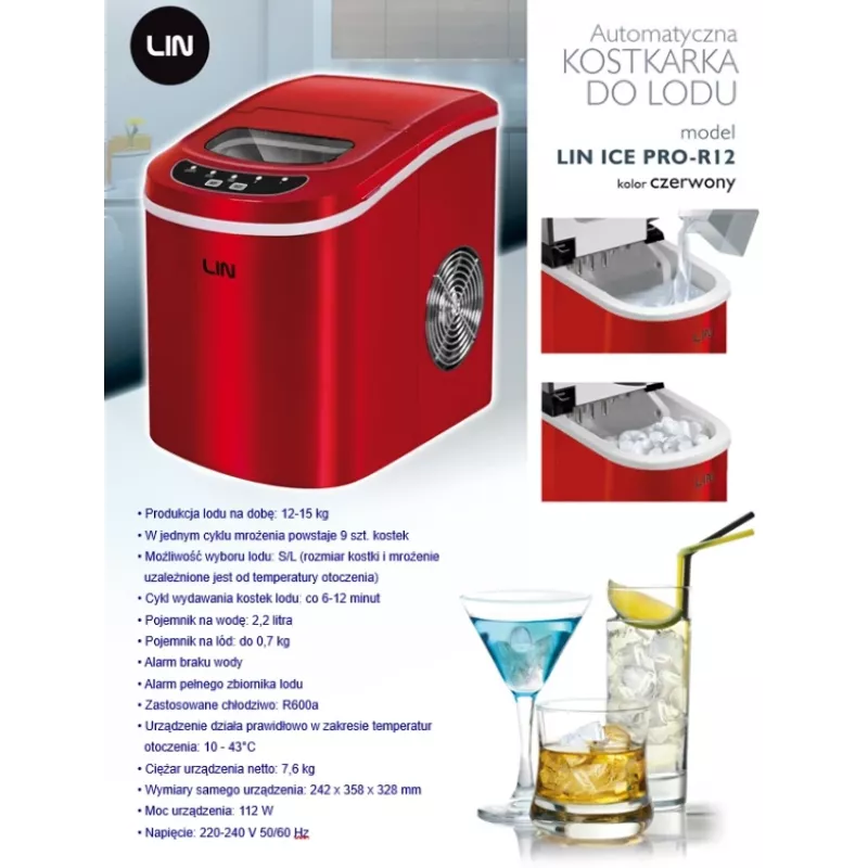 Macchina portatile per cubetti di ghiaccio LIN ICE PRO-R12 rosso