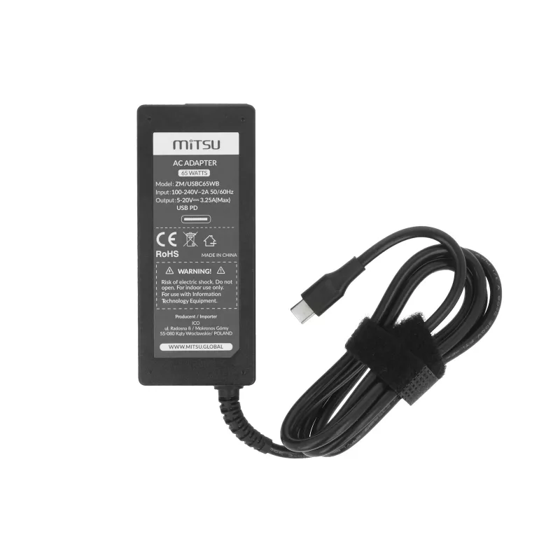 Alimentatore per laptop 65W USB-C 5V-9V-12V-15V-20V/3A, 20V/3,25A PD