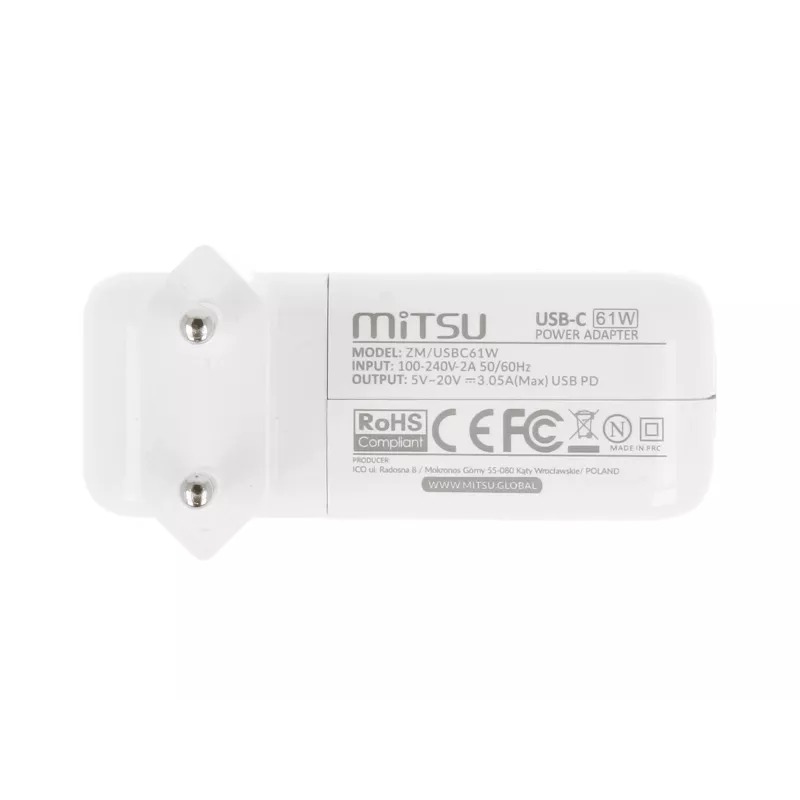 Alimentatore per laptop 61W USB-C 5V-9V-12V-15V-20V-20,3V/3A PD