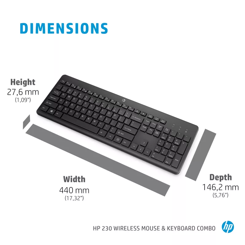 HP 230 set mouse e tastiera wireless, formato completo, wireless, RF wireless, a membrana, nero, mouse incluso