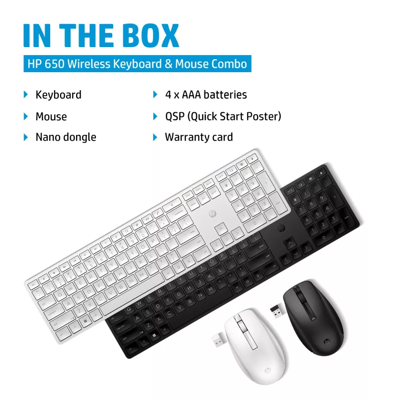 HP 650 Tastiera e mouse wireless combo, Full-size (100%), Wireless, RF Wireless, Membrana, nero, mouse incluso