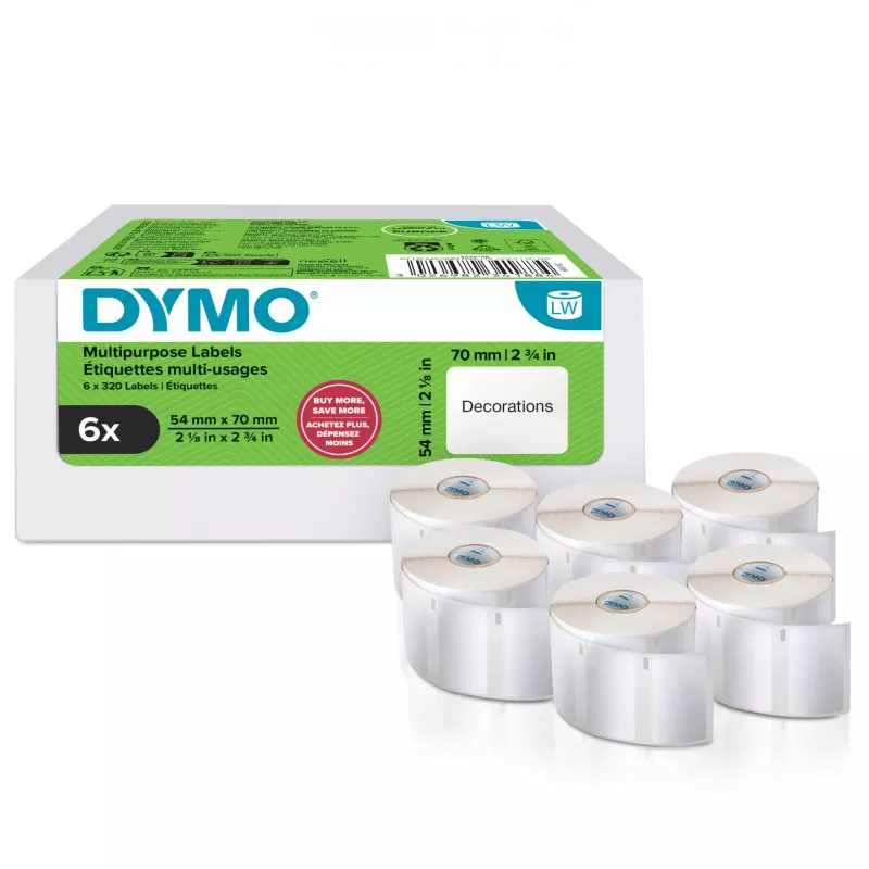 DYMO Original LabelWriter etichette multiuso | 54 mm x 70 mm | autoadesive | 6 rotoli da 320 etichette facili da staccare (1.920 pezzi) | per etichettatrici LabelWriter | prodotte in Europa
