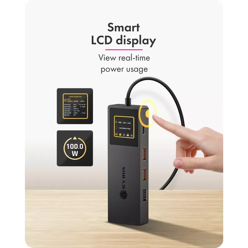 ICY BOX Spade Dock 4038, docking station 7-in-1 con display LCD e PD 100 W