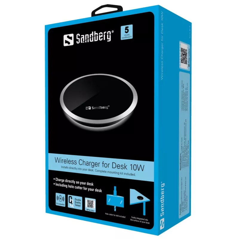 Sandberg Wireless Charger for Desk 10W, Indoor, USB, ricarica wireless, 0,8 m, nero