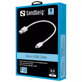 Sandberg cavo MicroUSB sync/ricarica 0,2 m, 0,2 m, USB A, Micro-USB B, USB 2.0, bianco