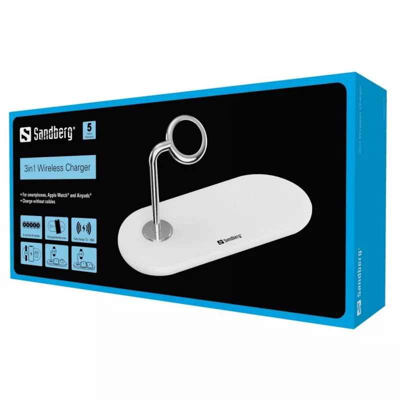 Sandberg 3in1 Wireless Charger, Indoor, USB, ricarica wireless, 0,8 m, argento, bianco
