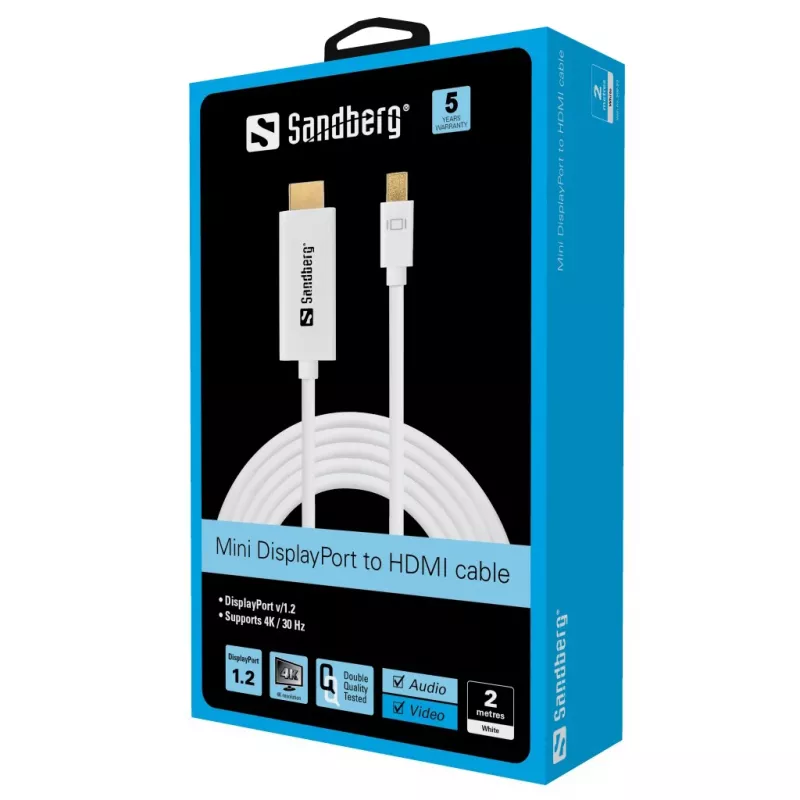 Sandberg MiniDP 1.2 > HDMI 4K 2m, 2 m, Mini DisplayPort, HDMI, connettore maschio, connettore maschio, bianco