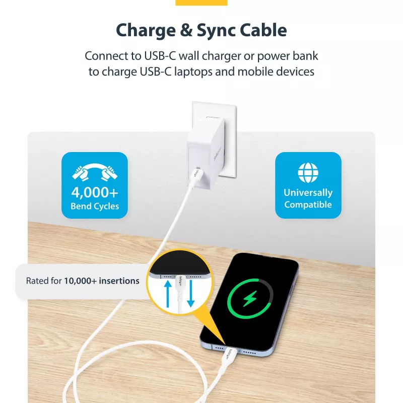 StarTech.com cavo di ricarica USB-C bianco da 1 m (3,3 ft) confezione da 2, cavo USB-C, cavo di ricarica per laptop USB 2.0 Type-C, 60 W 3 A Power Delivery, guaina TPE, cavo trasferimento dati USB-C, M/M
