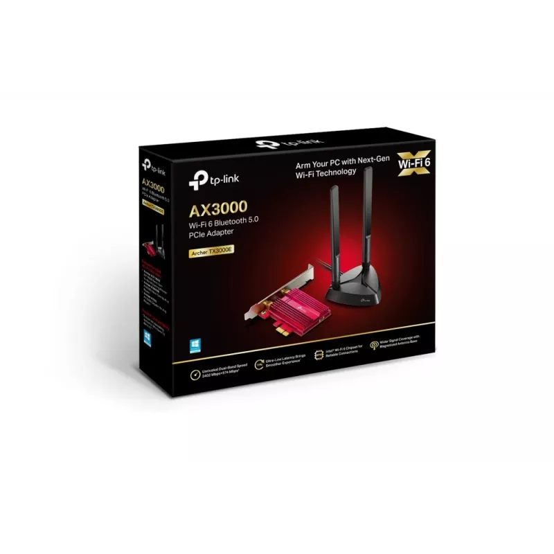 TP-Link AX3000 Wi-Fi 6 Bluetooth 5.0 Adattatore PCIe, Interno, Wireless, PCI Express, WLAN / Bluetooth, 2402 Mbit/s, Nero, Rosso