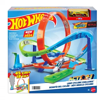 Hot Wheels Action Loop Cyclone Challenge Set pista con auto giocattolo in scala 1:64, facile da riporre