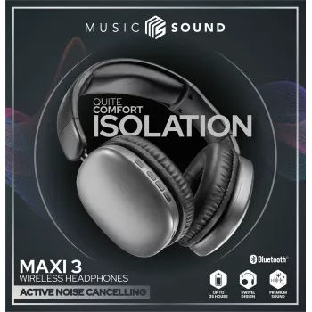 Music Sound MAXI3 MAXI3 Cuffie over-ear wireless con cancellazione attiva del rumore: esperienza di ascolto immersiva e senza distrazioni, fino a 35 ore di autonomia. Design moderno, comfort, stile e suono potente e rivoluzionario.
