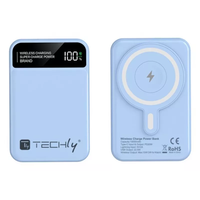 Techly I-CHARGE-10LCDBL Powerbank Litio-polimero (LiPo) 10000 mAh Ricarica wireless Blu