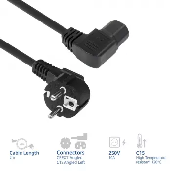 ACT cavo di alimentazione spina CEE7/7 (angolare) - C15 (angolare a sinistra) IEC60320 nero 2 m
