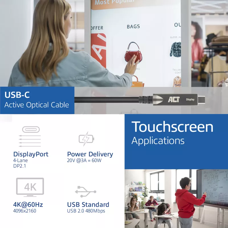 ACT cavo ottico attivo (AOC) USB-C 3.2 Gen2, per touch panel, video, dati, alimentazione, 5 m