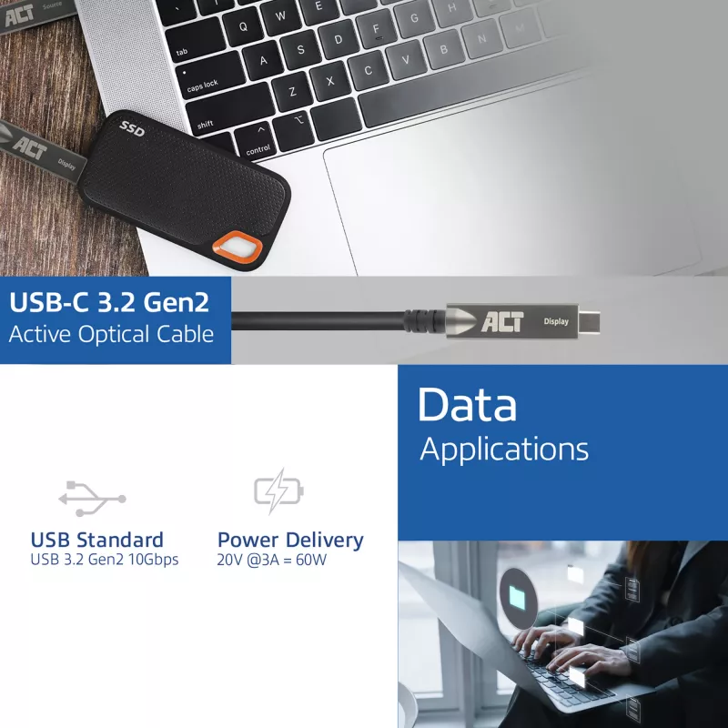 ACT cavo ottico attivo (AOC) USB-C 3.2 Gen2, per touch panel, video, dati, alimentazione, 5 m