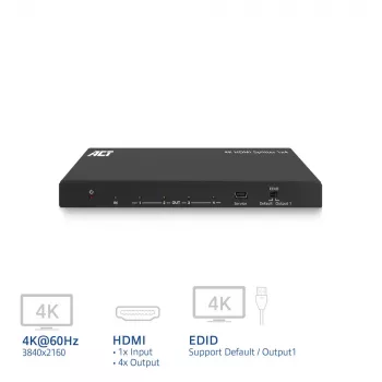 ACT splitter HDMI 4K, 1 a 4, supporto EDID, HDMI, 4x HDMI, 3840 x 2160 pixel, nero, 4K Ultra HD, 10,2 Gbit/s