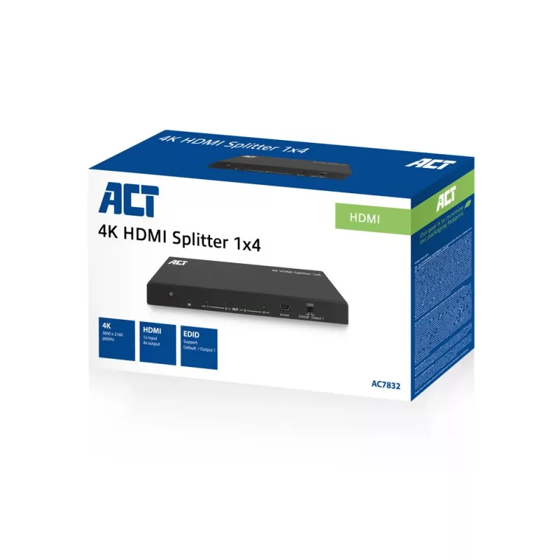 ACT splitter HDMI 4K, 1 a 4, supporto EDID, HDMI, 4x HDMI, 3840 x 2160 pixel, nero, 4K Ultra HD, 10,2 Gbit/s