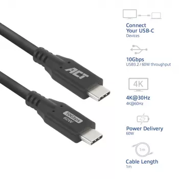 ACT cavo USB 3.0 10Gbps 60W USB Type-C, 1 metro, 1 m, USB C, USB C, USB 3.2 Gen 2 (3.1 Gen 2), 10 Gbit/s, nero