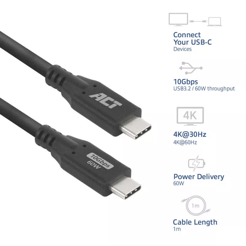 ACT cavo USB 3.0 10Gbps 60W USB Type-C, 1 metro, 1 m, USB C, USB C, USB 3.2 Gen 2 (3.1 Gen 2), 10 Gbit/s, nero