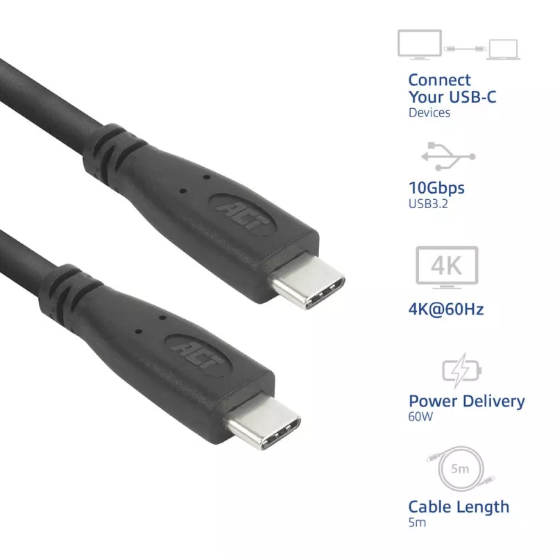 ACT AC7445 cavo USB USB 3.2 Gen 2 (3.1 Gen 2) 5 m USB C 10 Gbit/s 60 W nero