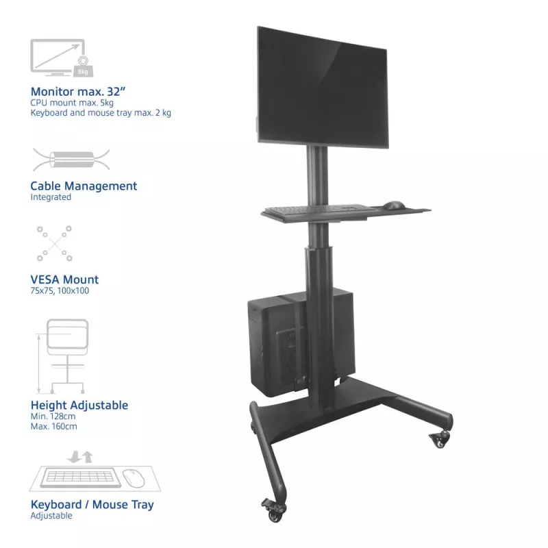 ACT postazione di lavoro mobile per un monitor, con supporto CPU, vano tastiera e mouse