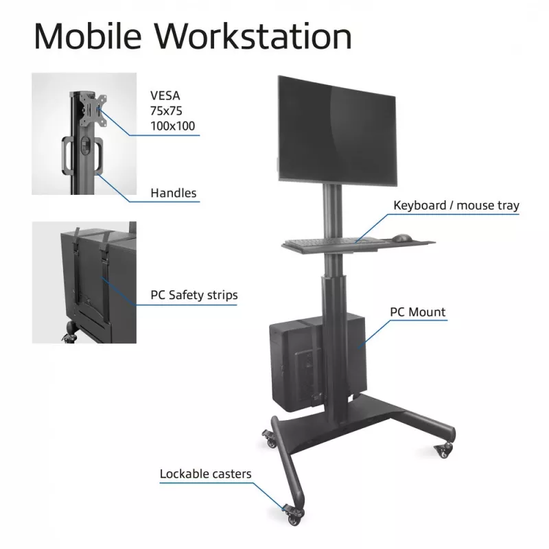 ACT postazione di lavoro mobile per un monitor, con supporto CPU, vano tastiera e mouse