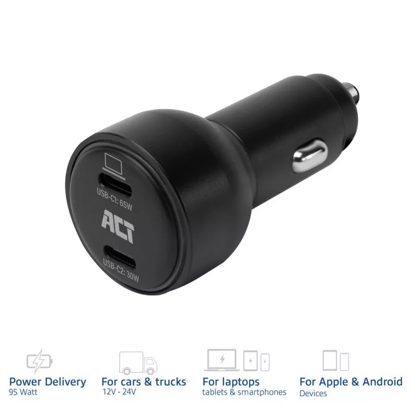 ACT caricabatterie da auto USB-C a 2 porte con ricarica rapida 95W con Power Delivery PPS, Quick Charge e GaNFast