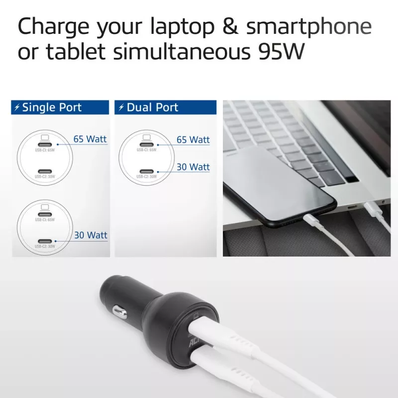 ACT caricabatterie da auto USB-C a 2 porte con ricarica rapida 95W con Power Delivery PPS, Quick Charge e GaNFast