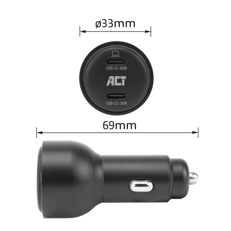 ACT caricabatterie da auto USB-C a 2 porte con ricarica rapida 95W con Power Delivery PPS, Quick Charge e GaNFast