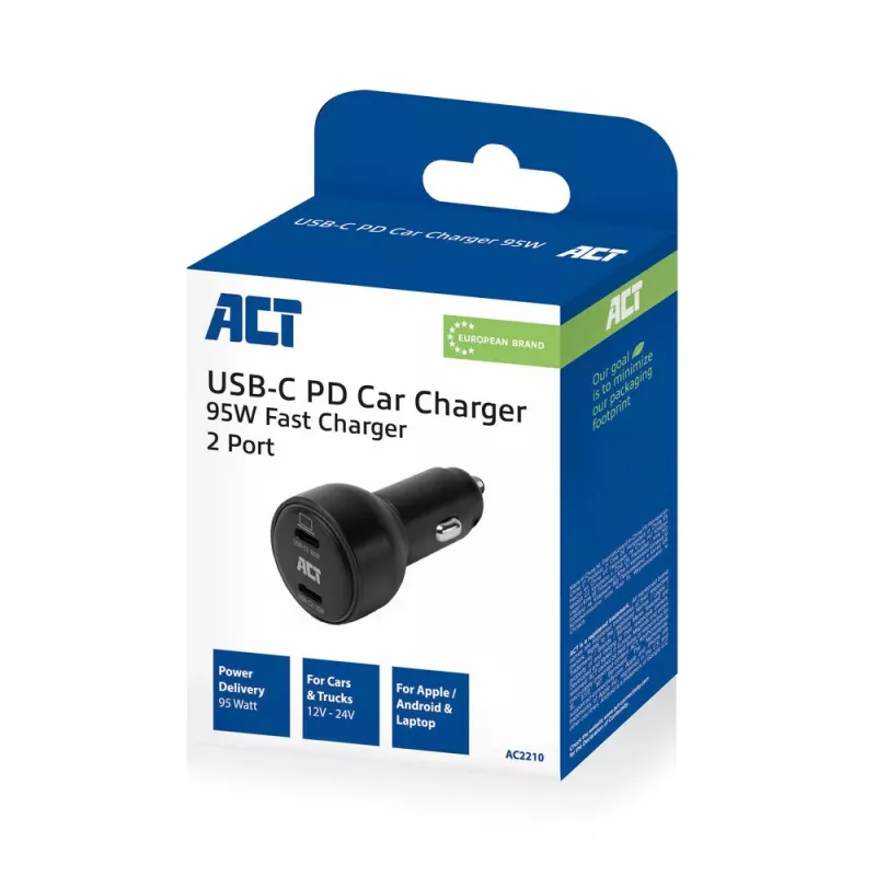ACT caricabatterie da auto USB-C a 2 porte con ricarica rapida 95W con Power Delivery PPS, Quick Charge e GaNFast