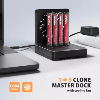AXAGON ADSA-M2C44 docking station USB4 40Gbps 4 vani M.2 NVMe SSD con funzione di clonazione offline, alluminio, raffreddamento attivo