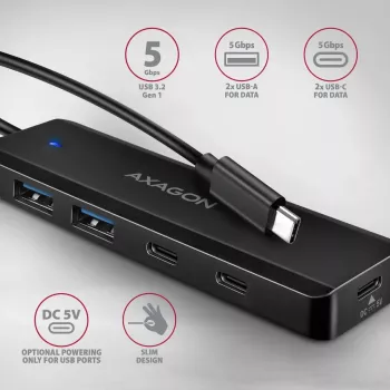 AXAGON HUE-C2C Hub da viaggio USB-C 5 Gbps, 2x USB-A + 2x USB-C, USB-C Power IN, cavo da 19 cm