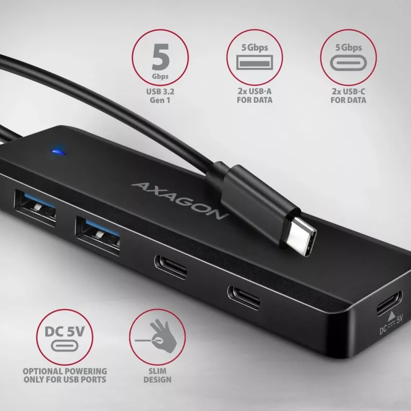 AXAGON HUE-C2C Hub da viaggio USB-C 5 Gbps, 2x USB-A + 2x USB-C, USB-C Power IN, cavo da 19 cm