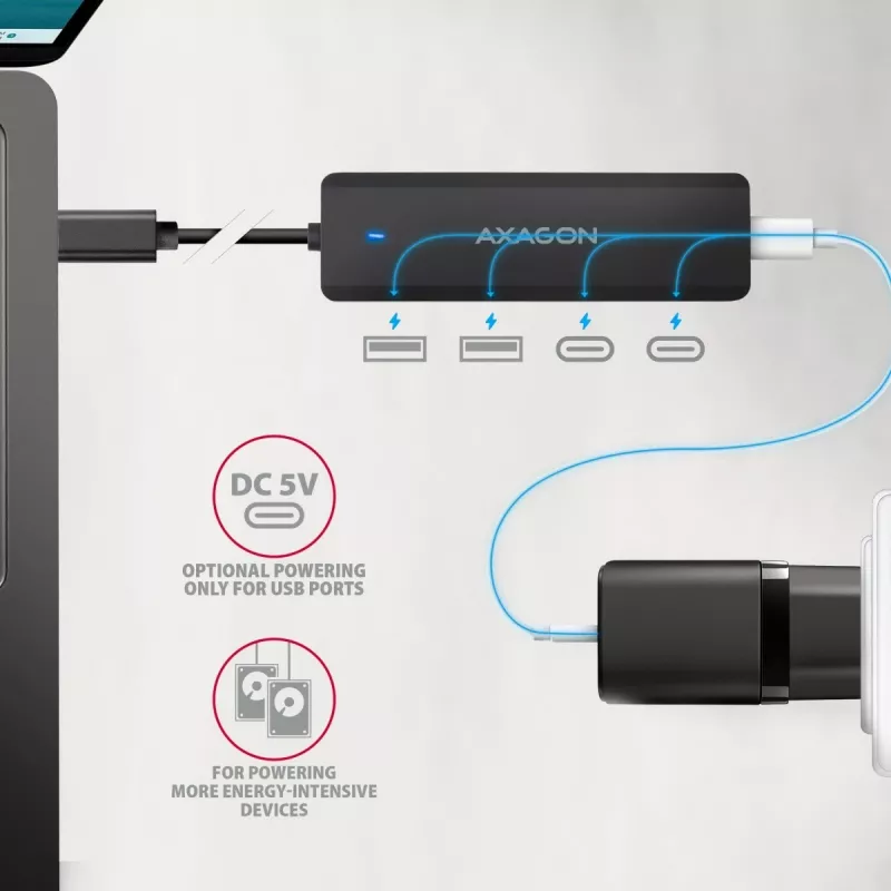 AXAGON HUE-C2C Hub da viaggio USB-C 5 Gbps, 2x USB-A + 2x USB-C, USB-C Power IN, cavo da 19 cm