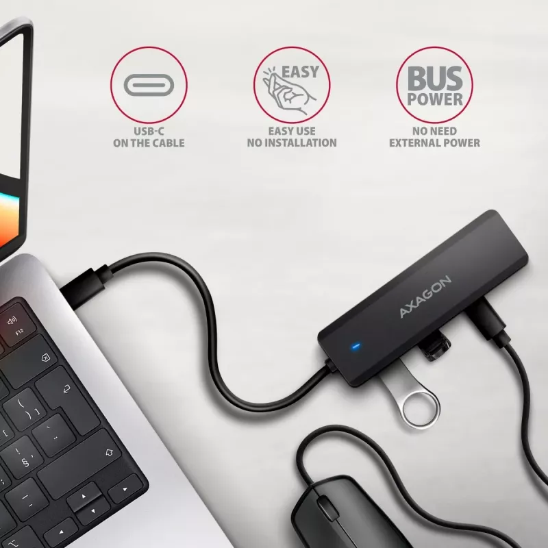 AXAGON HUE-C2C Hub da viaggio USB-C 5 Gbps, 2x USB-A + 2x USB-C, USB-C Power IN, cavo da 19 cm