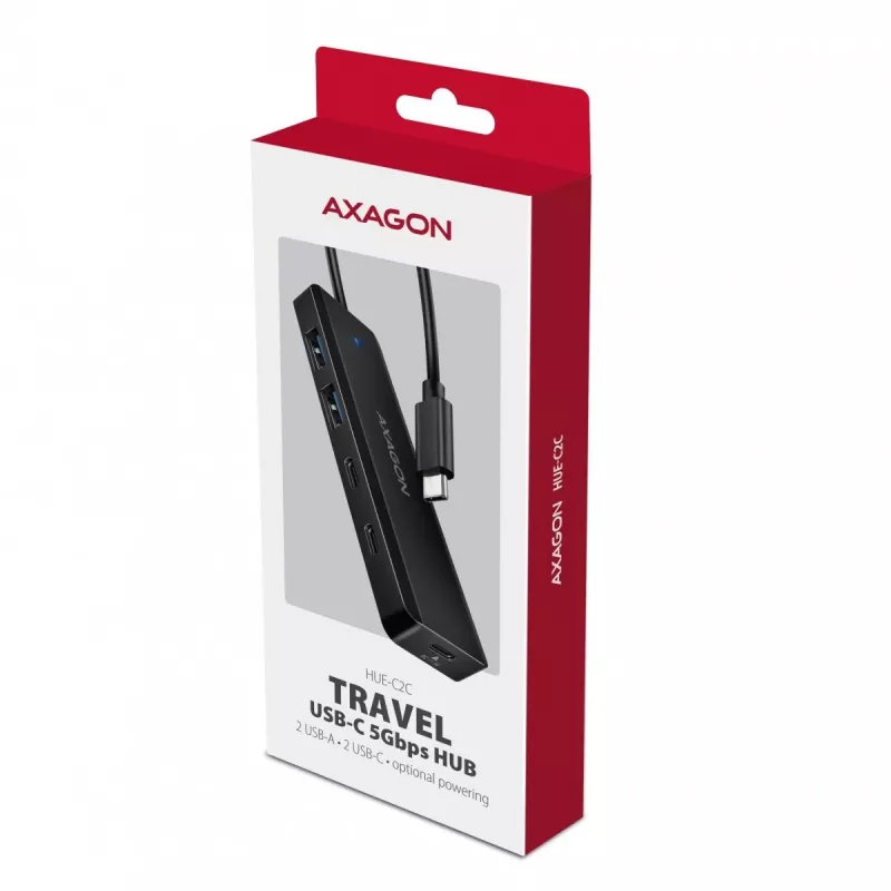 AXAGON HUE-C2C Hub da viaggio USB-C 5 Gbps, 2x USB-A + 2x USB-C, USB-C Power IN, cavo da 19 cm