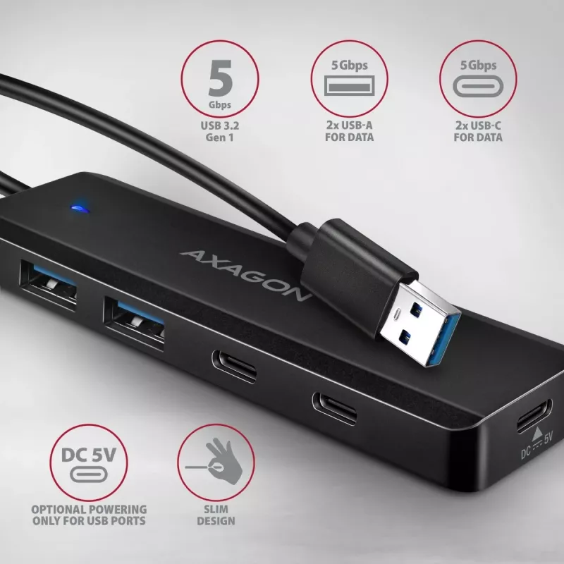 AXAGON HUE-C2A Hub da viaggio 5 Gbps, 2x USB-A + 2x USB-C, USB-C Power IN, cavo USB-A da 19 cm