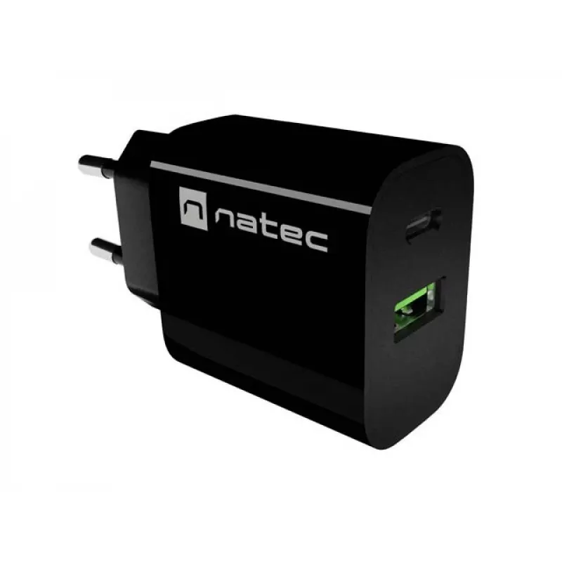 NATEC Ribera Caricabatterie da parete 1x USB-A + 1x USB-C 20W nero