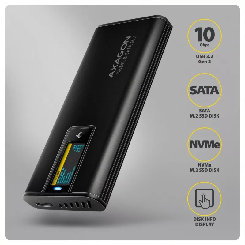 AXAGON EEM2-SD2B Case esterno 10Gbps M.2 NVMe/SATA SSD con indicatore LED, USB-C, nero